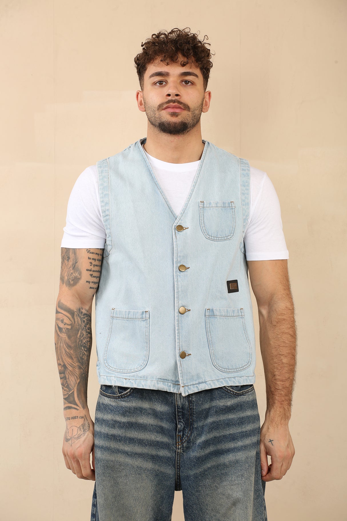 Cotton Denim Waistcoat With Pockets (Light Blue)