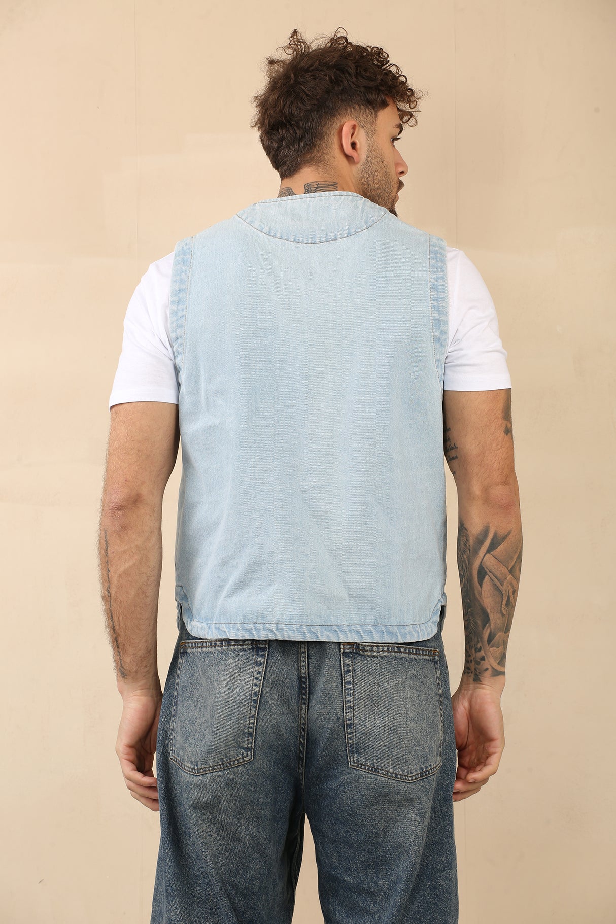 Cotton Denim Waistcoat With Pockets (Light Blue)