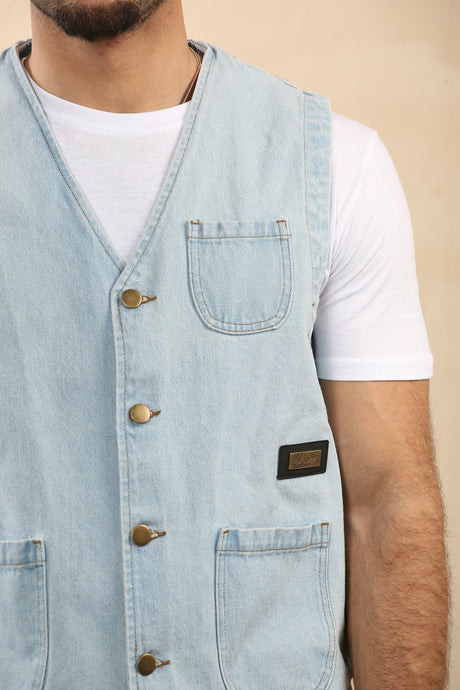 Cotton Denim Waistcoat With Pockets (Light Blue)