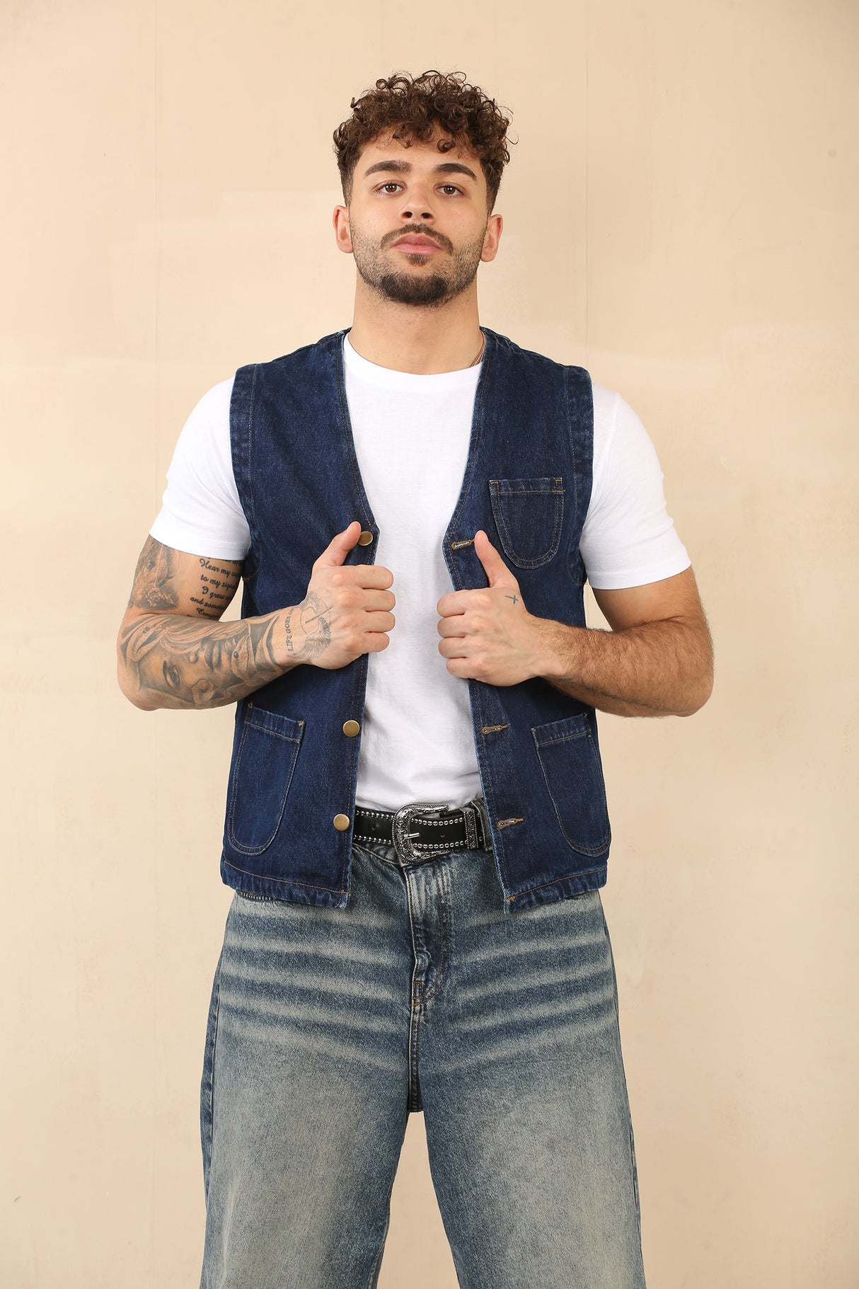 Cotton Denim Waistcoat With Pockets (Dark Blue)