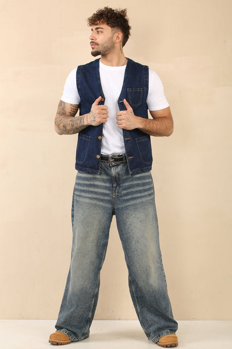 Cotton Denim Waistcoat With Pockets (Dark Blue)