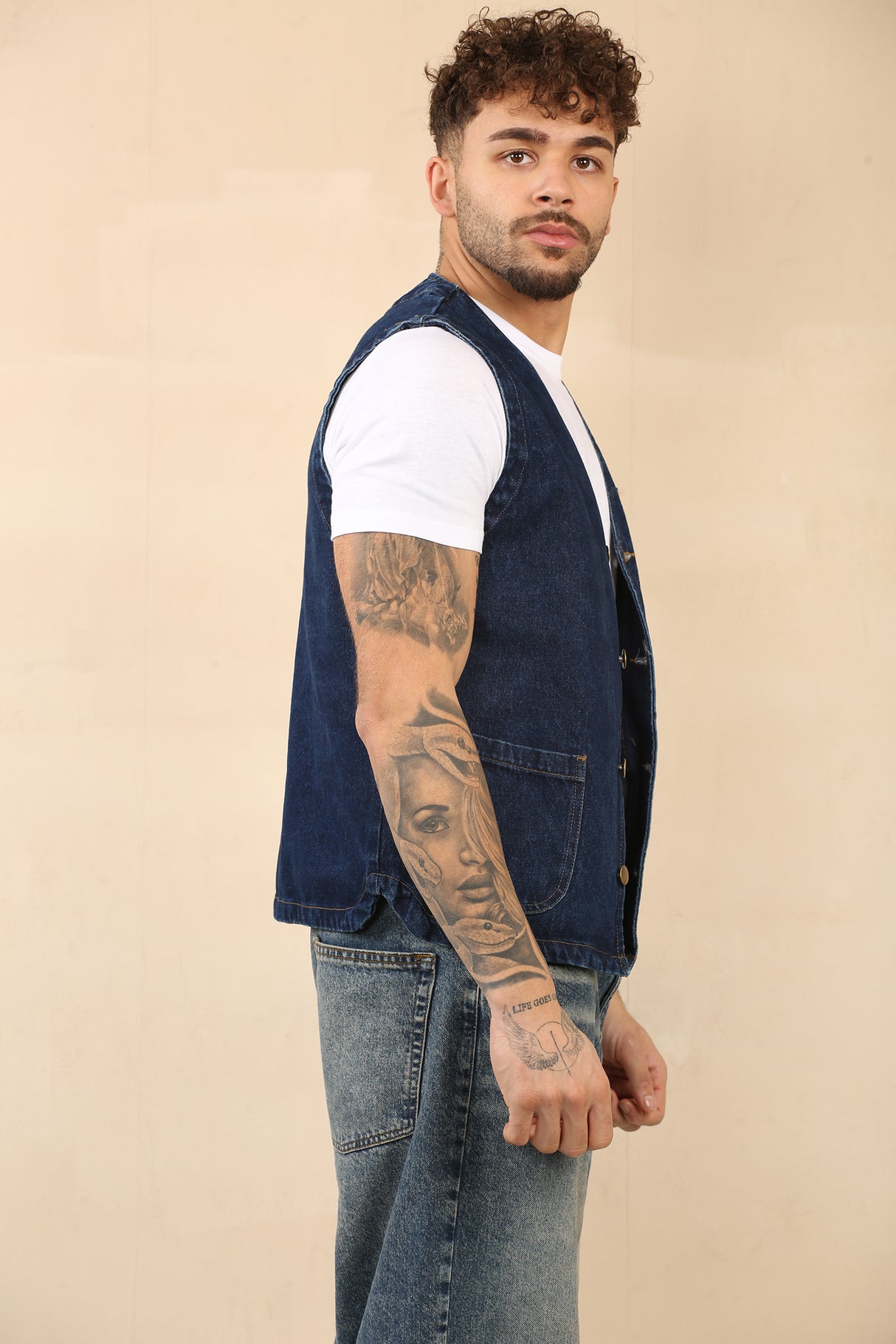 Cotton Denim Waistcoat With Pockets (Dark Blue)