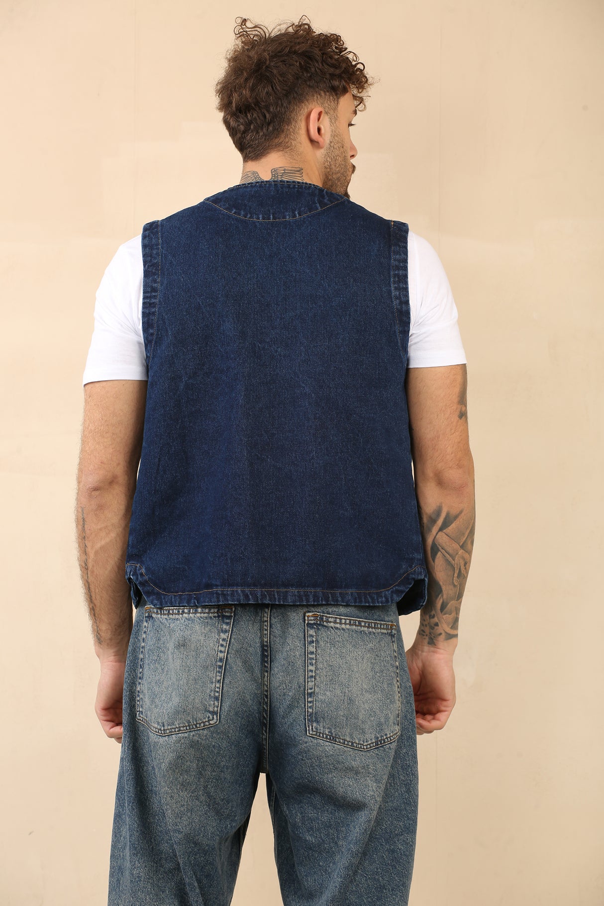 Cotton Denim Waistcoat With Pockets (Dark Blue)