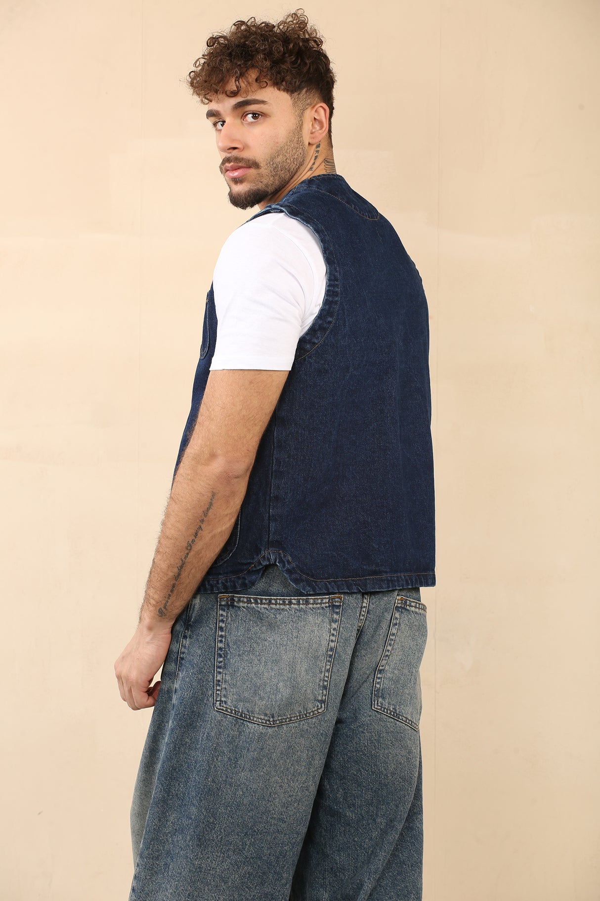 Cotton Denim Waistcoat With Pockets (Dark Blue)