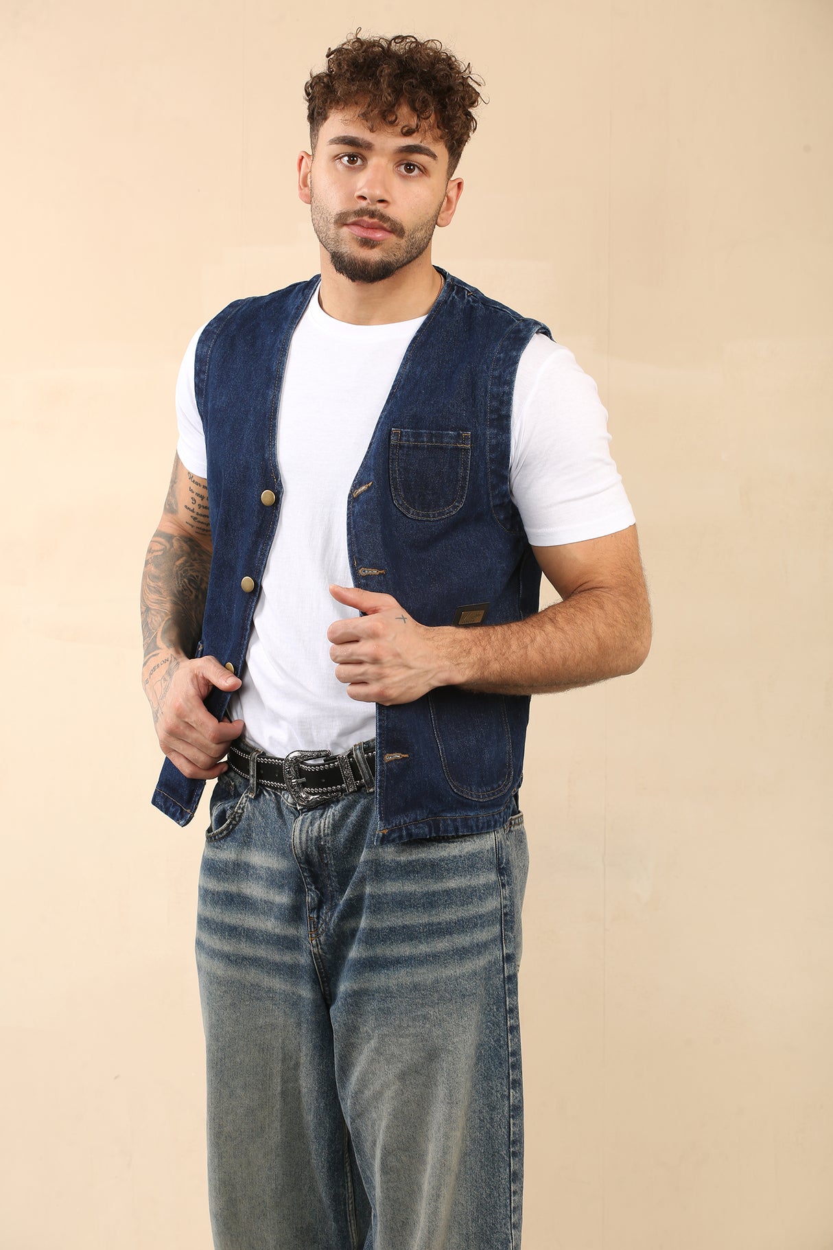Cotton Denim Waistcoat With Pockets (Dark Blue)