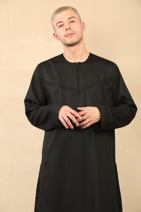 Men's Emirati Embroidered Cotton Zipper Jubba (Black)