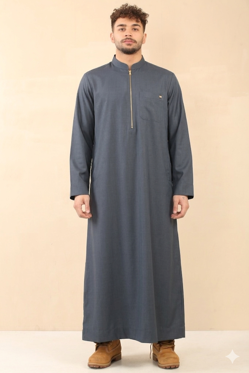 Men's Kuwaiti Matt Finish Zipper Jubba (Grey)